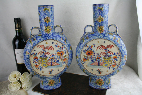 Unusual RARE DELFT marked Kocks Moonflask floral polychrome peacock Vases