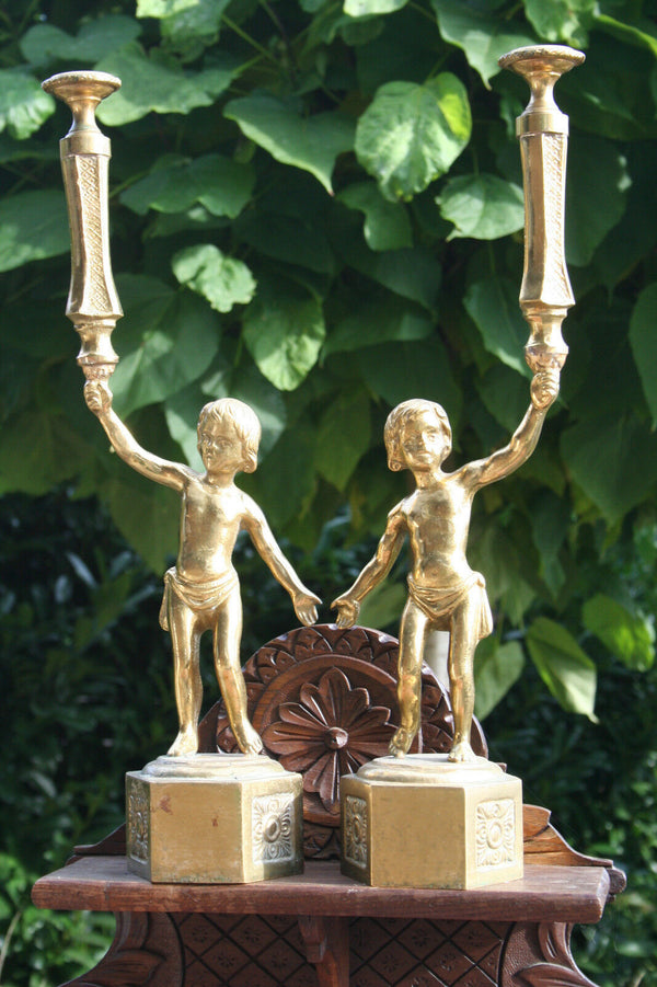 Pair Antique French brass angels Putti angel sidetable paws