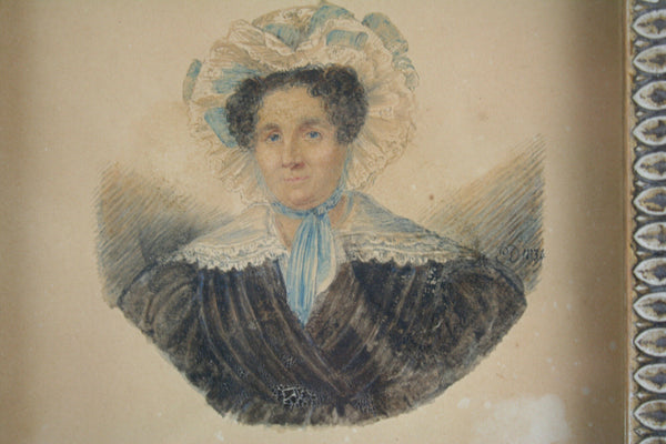 PAIR antique 1834 signed french antique drawing portraits lady man monogrammed