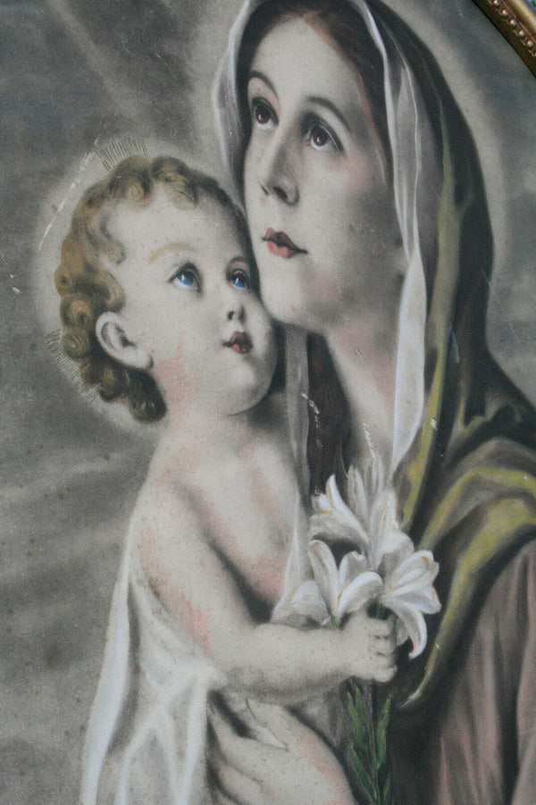 Antique Religious 19thc PASTEL Madonna with child Italian school painting oval