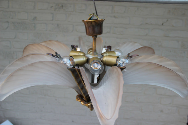 French art deco 6 Glass frost Shells brass metal Chandelier pendant