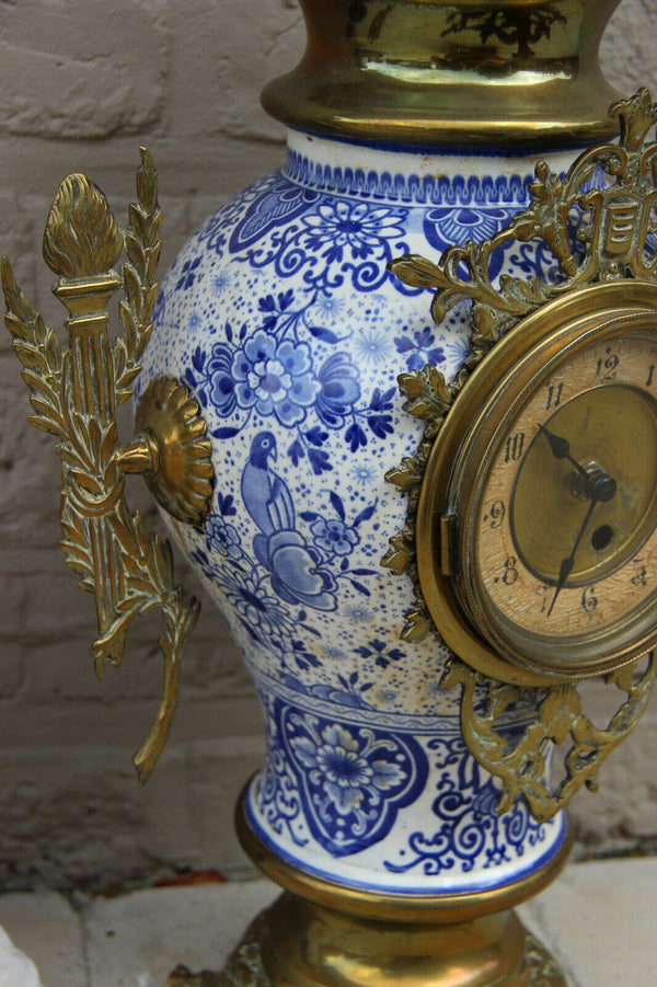 Huge DeLFT blue white pottery floral bird decor mantel clock