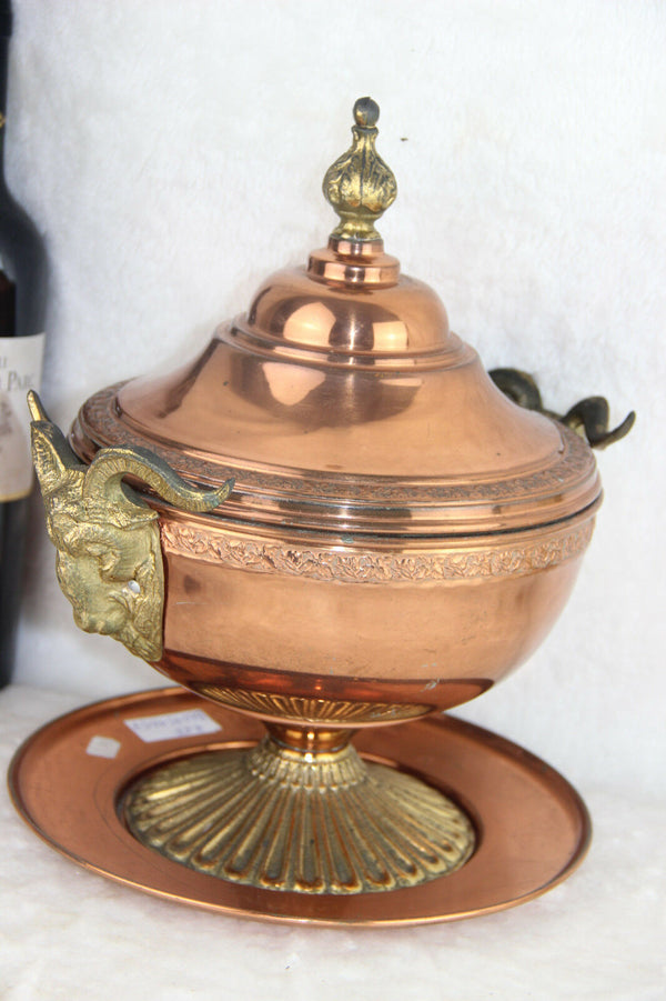 Gorgeous French copper soup tureen bowl coupe on plate ram heads brass RARE