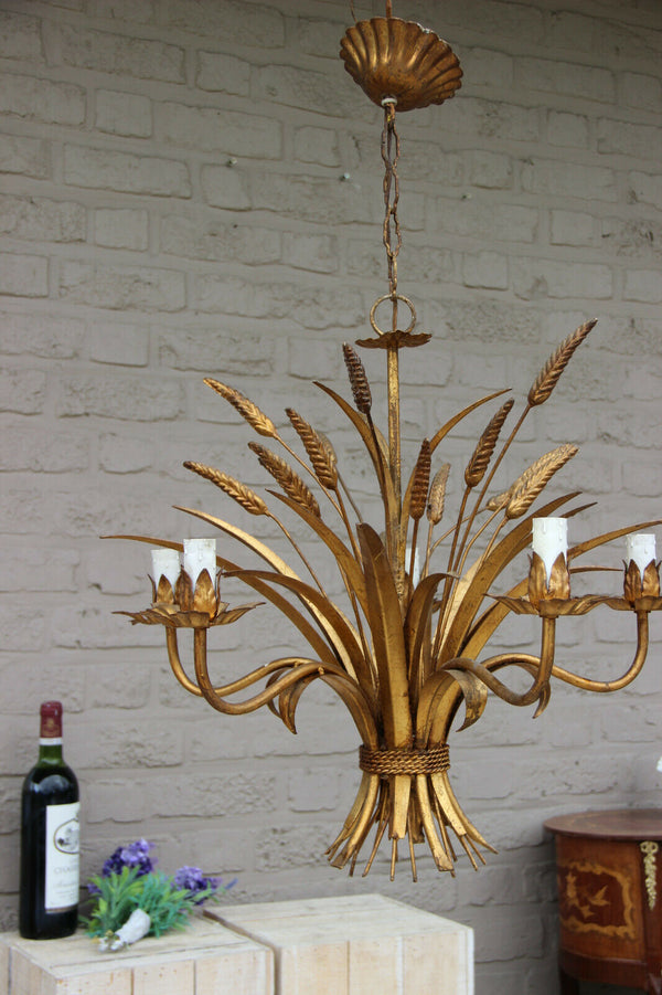 Vintage Florentine metal golt gilt 1970 Wheat sheaf bouquet chandelier lamp