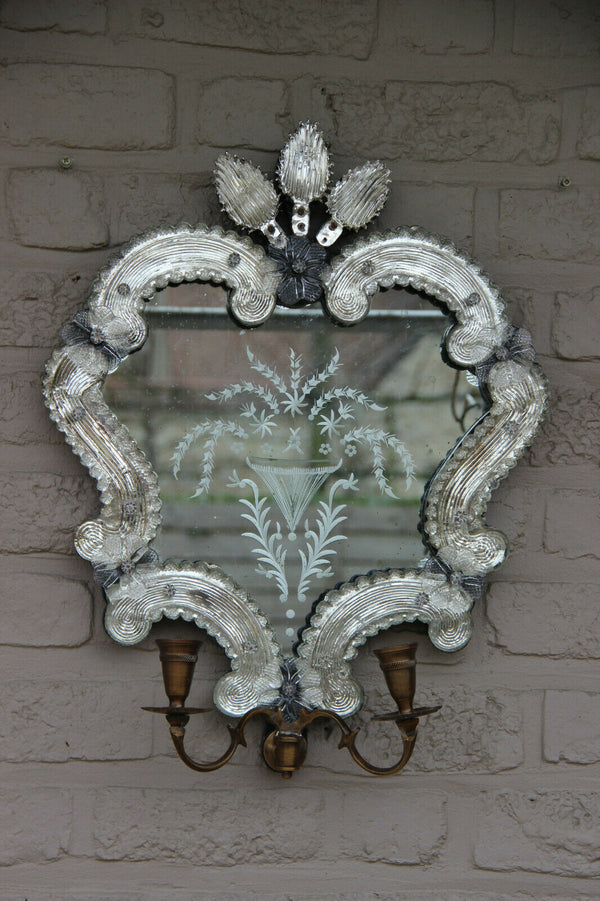 Vintage italian Venetian Glass Wall Mirror with candle holders 1970