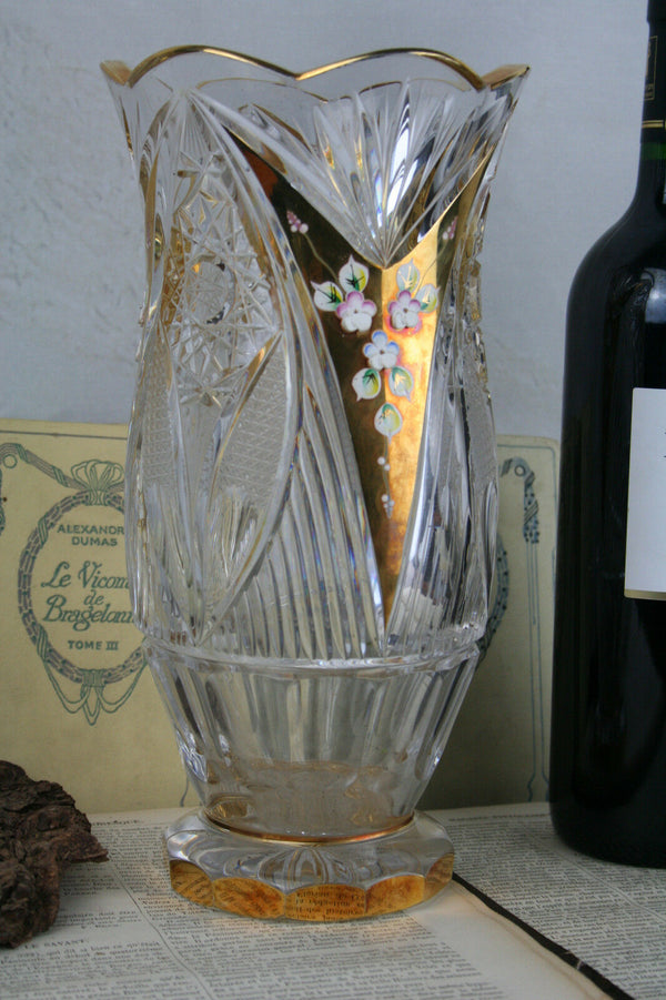 Gorgeous CRYSTAL CZECH Bohemian Vase enameled Encrusted flowers