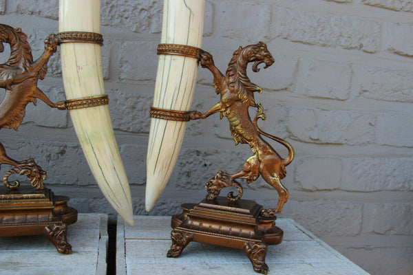 PAIR antique French bronze castle Lion cornucopia horn Gothic statue