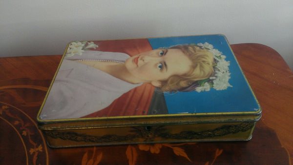 Antique Chocolate Tin young Queen Paola Belgian jaques candy box rare