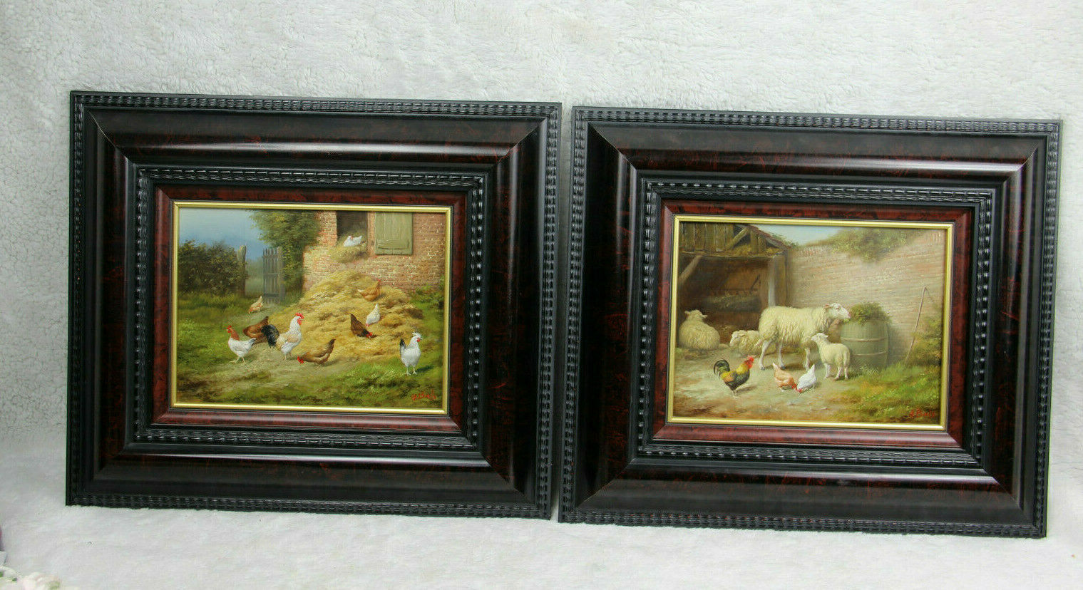PAIR oil panel painting Sheep lamb chicken rooster farm signed HILAIRE BALS