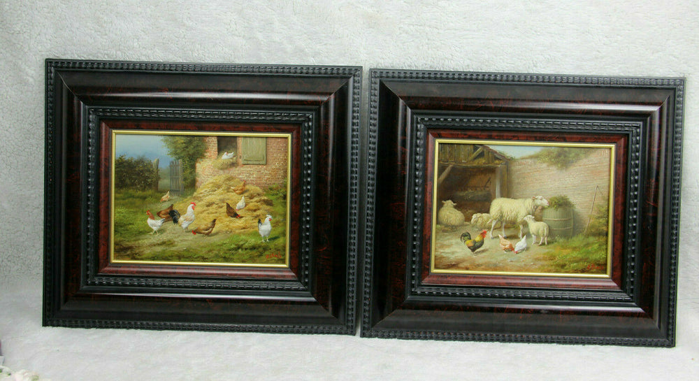 PAIR oil panel painting Sheep lamb chicken rooster farm signed HILAIRE BALS