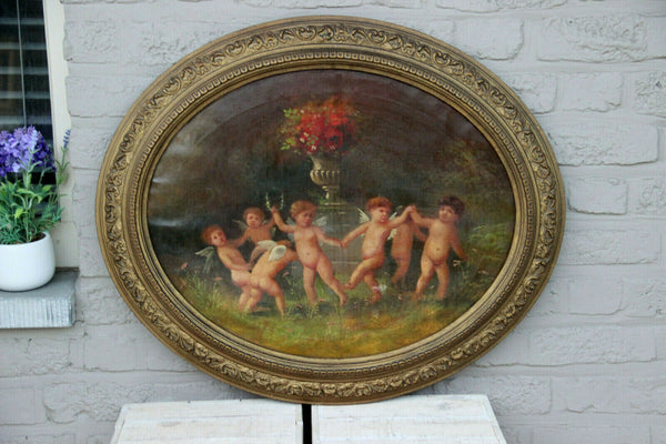 Antique French school oil canvas painting 19thc oval putti cherubs