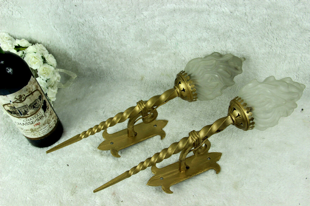 PAIR French cast iron gothic castle Flame shade sconces Wall lights 1950