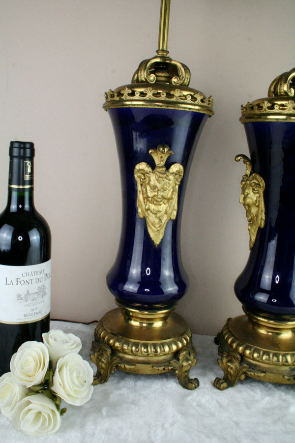 Antique French blue Faience satyr devil heads Vases mounted lamps 1900