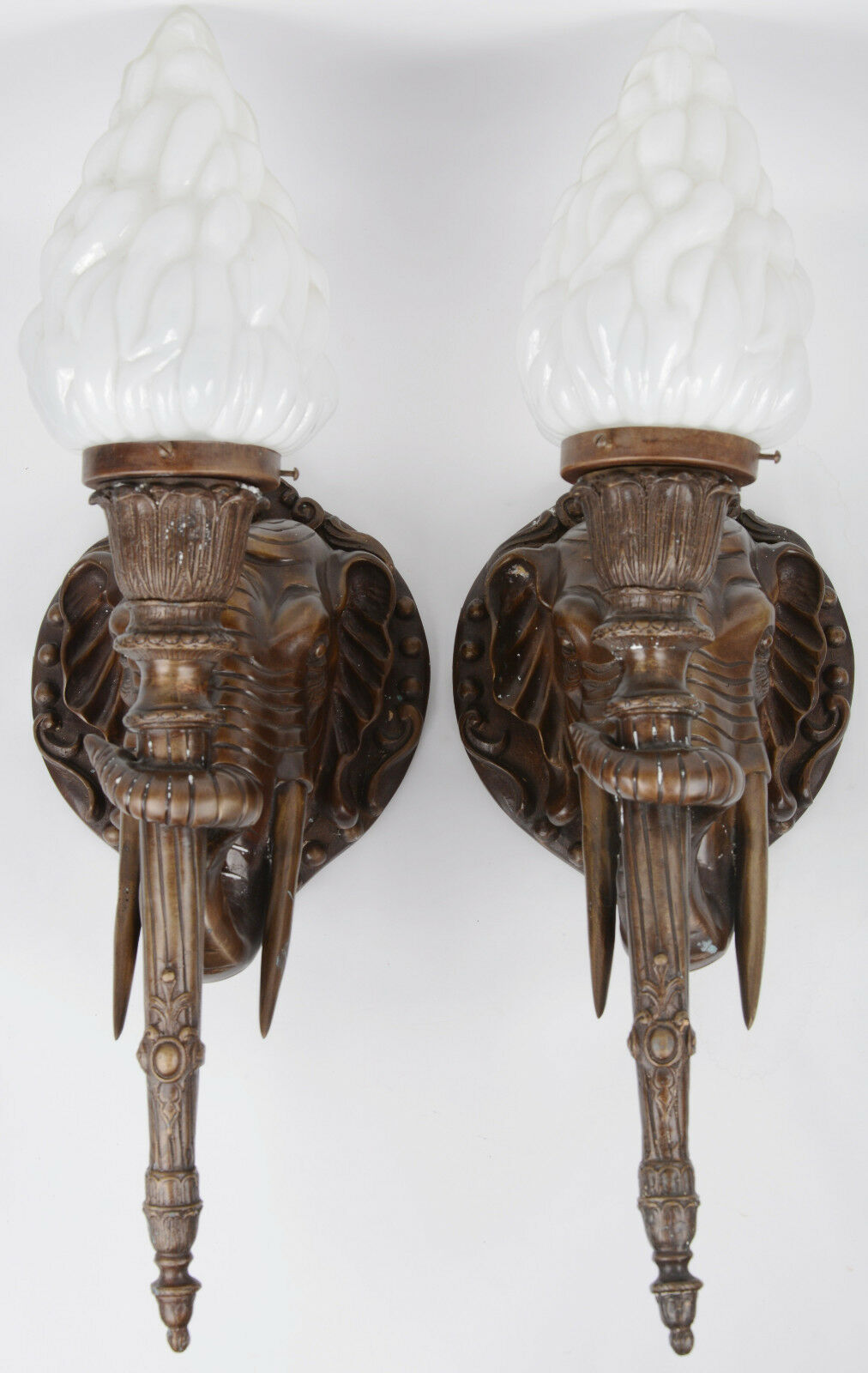 XXL 27" Bronze Elephant head mid century Flame torchere Sconces wall lights