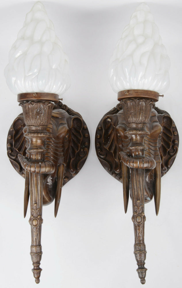 XXL 27" Bronze Elephant head mid century Flame torchere Sconces wall lights