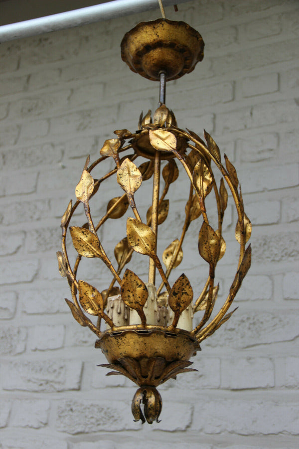 Mid century 1960 Metal gold gilt leaves chandelier pendant lantern maison jansen