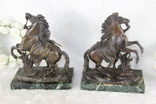 PAIR patinated bronze antique Marly horses marble base signed coustou