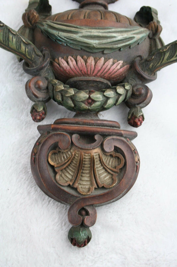 PAIR rare italian wood carved polychrome 1920 Sconces wall lights 2 arms