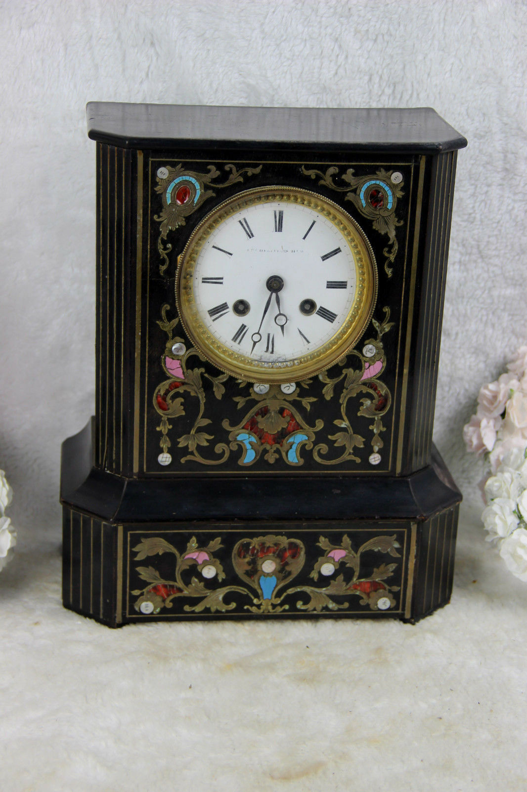 Antique Napoleon III portico clock black lacquered inlaid 19thc