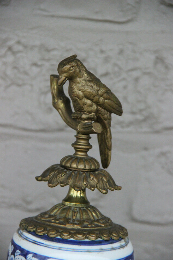 Huge Delft blue white pottery bird clock ram heads bronze ornaments rare