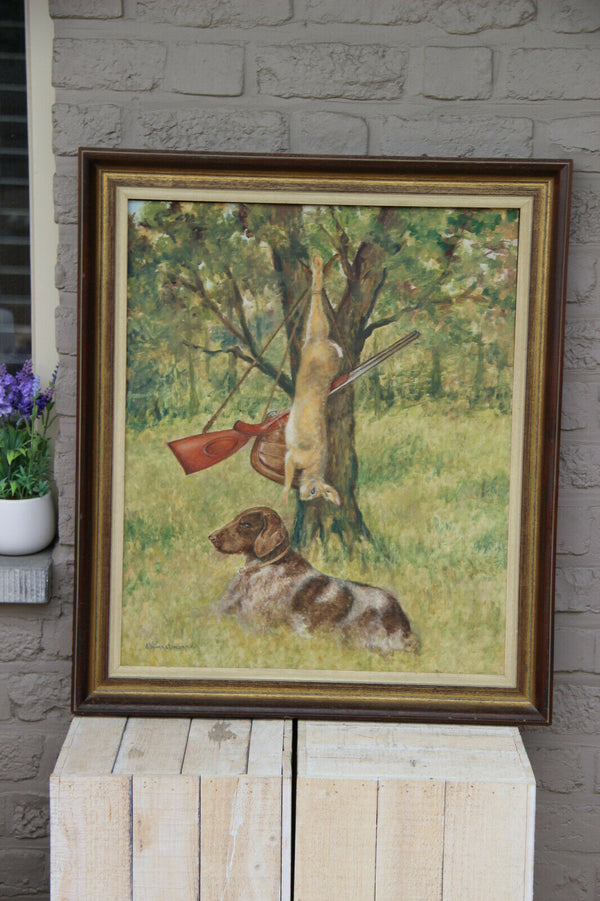 Gorgeous German school oil panel hunting dog trophy rabbit signed
