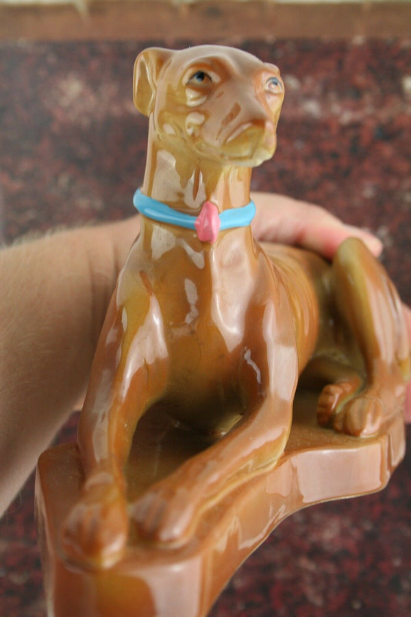 Antique Art deco Flemish marked faience ceramic greyhound whipped 1930