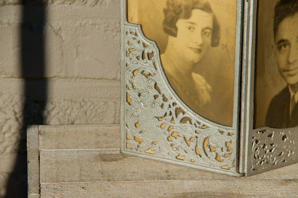 Antique french art nouveau bronze silver patina four panel picture frame putti