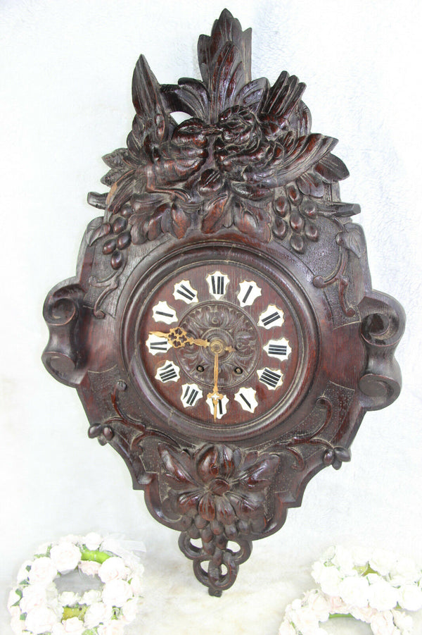 Large Antique Black Forest Wood carved Birds wall clock
