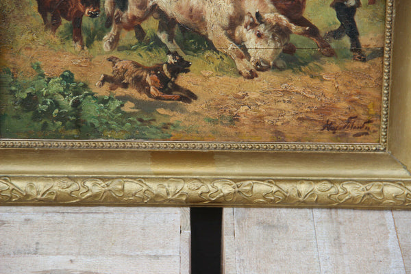 Antique oil on panel HENRY SCHOUTEN painting farmer and his dog bulls signed