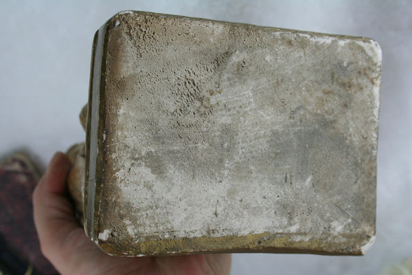 Old French monogrammed Plaster Madonna with child statue figurine marked