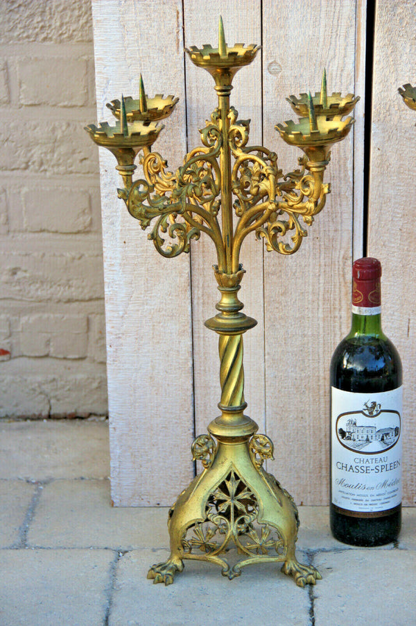 Antique church altar 5 arm neo gothic bronze lion paws candelabras religious