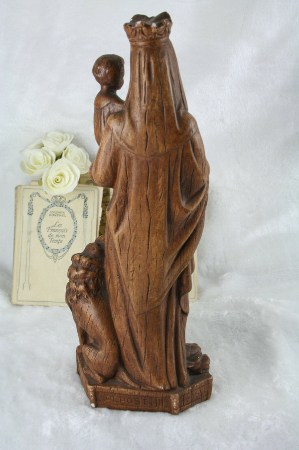 Antique Flanders plaster chalkware Virgin Mary Child lion Religious