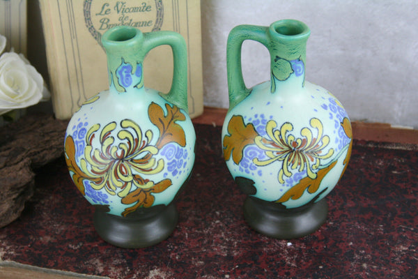 1920's Gouda Schoonhoven pottery Ceramic floral vases PAIR marked