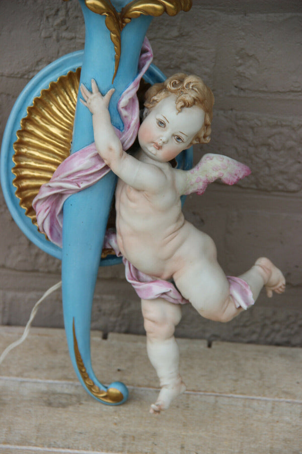 PAIR antique  capodimonte porcelain marked putti angel Sconces wall lights rare