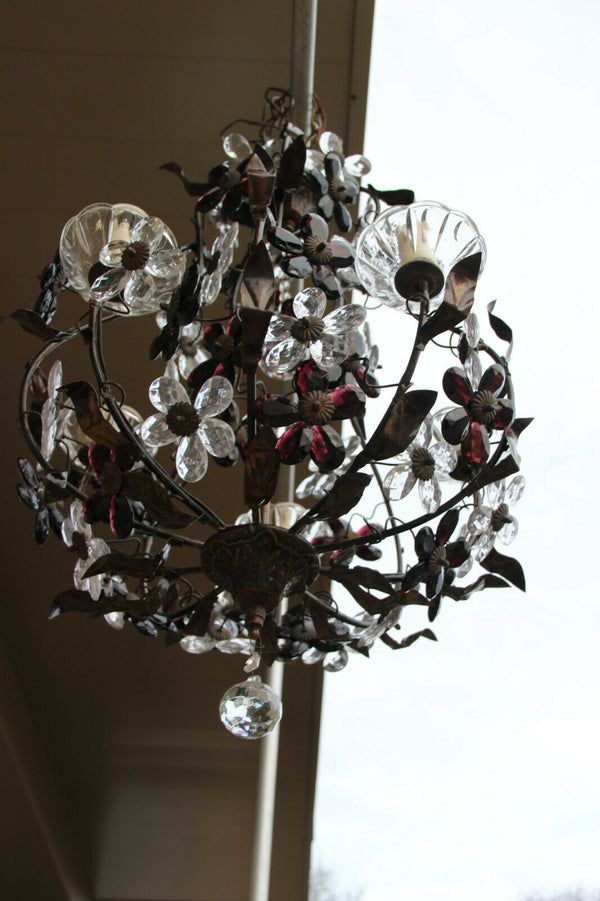 Vintage French metal Glass daisy flower Chandelier lamp attr MAISON BAGUES 1970