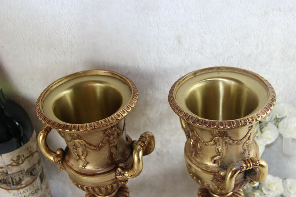 PAIR vintage French metal gold gilt marble putti cherubs angel Urns vases