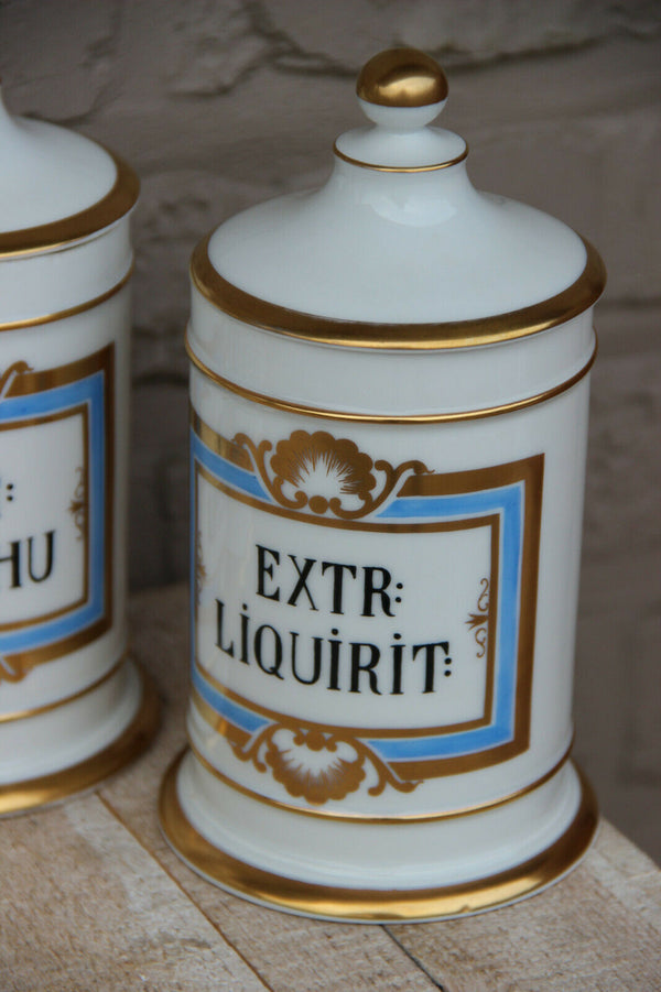 Antique VIEUX BRUSSELS porcelain Set 7 pharmacy pots Latin texts