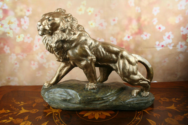 A Fagotto signed sculpture statue of a Lion terracotta plaster Patina Circa 1920