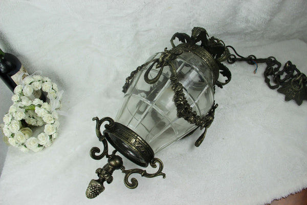 Antique Belgian Bronze Val saint lambert crystal glass chandelier lantern ram