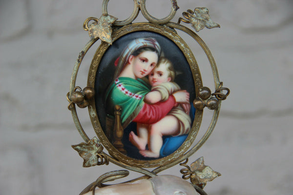 Rare antique religious mother pearl nacre holy water font porcelain Madonna