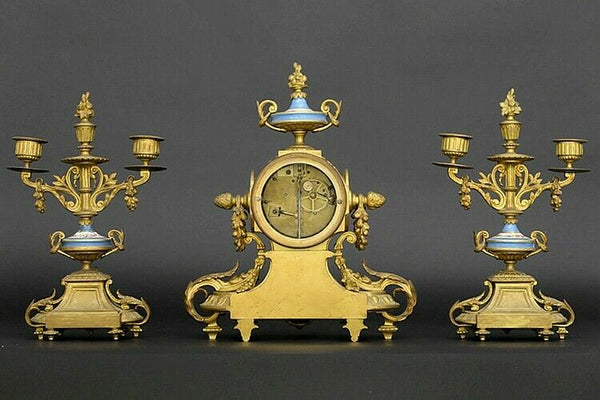 Antique 1860 SEVRES porcelain putti floral plaques clock set candlelabras