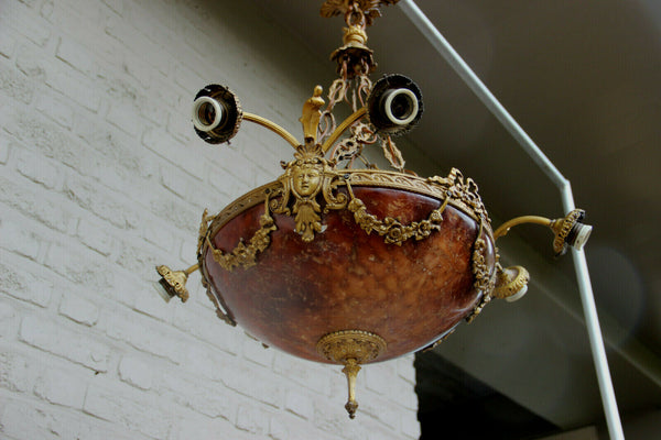 Top Antique French  Alabaster coupe bowl caryatid heads Chandelier amber