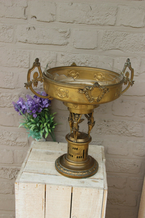 Antique French centerpiece Bowl Brass glass insert putti angels figurine empire