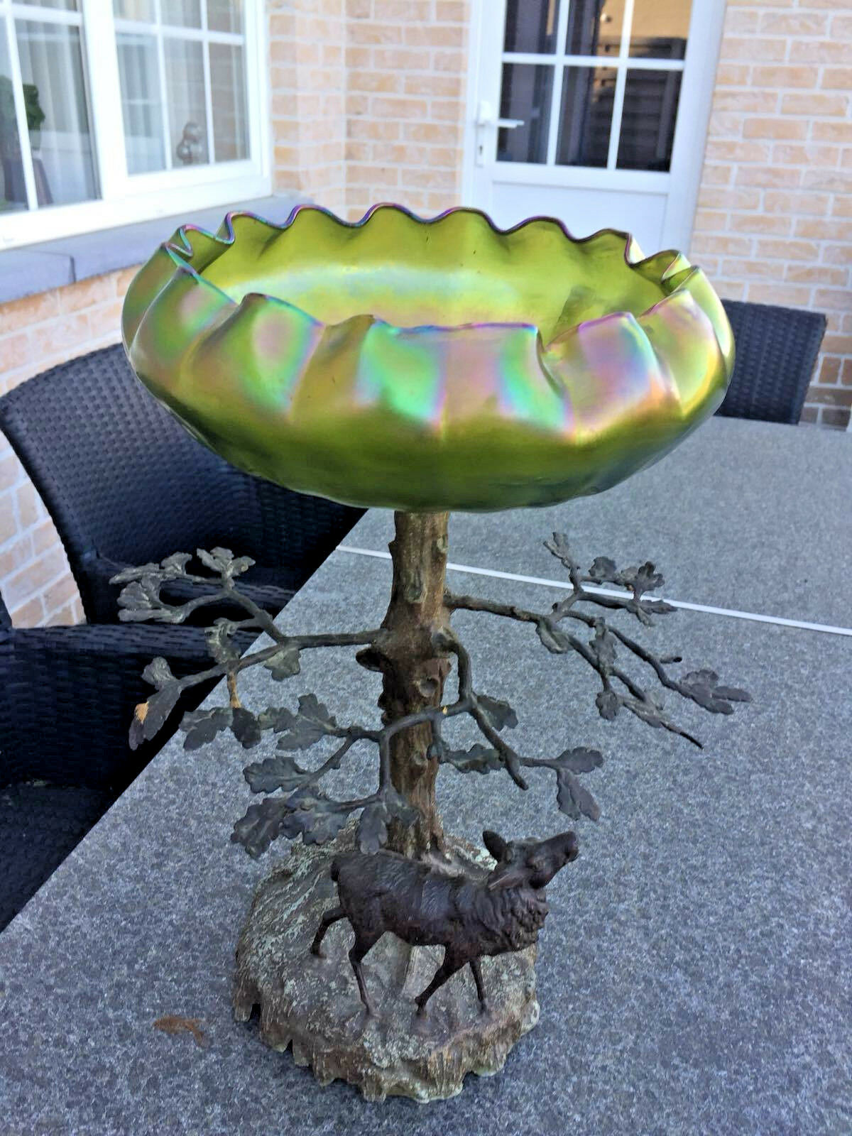 Antique Art nouveau center bowl tree green iridescent glass Vase attr. LOETZ