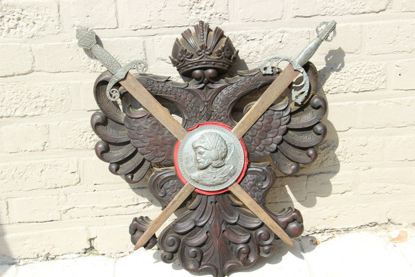 Vintage French Medieval castle Shield armor knight wood patina double eagle 1970