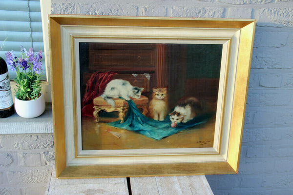 Flemish school oil canvas kittens cats animal painting signed Merson 1950s n2