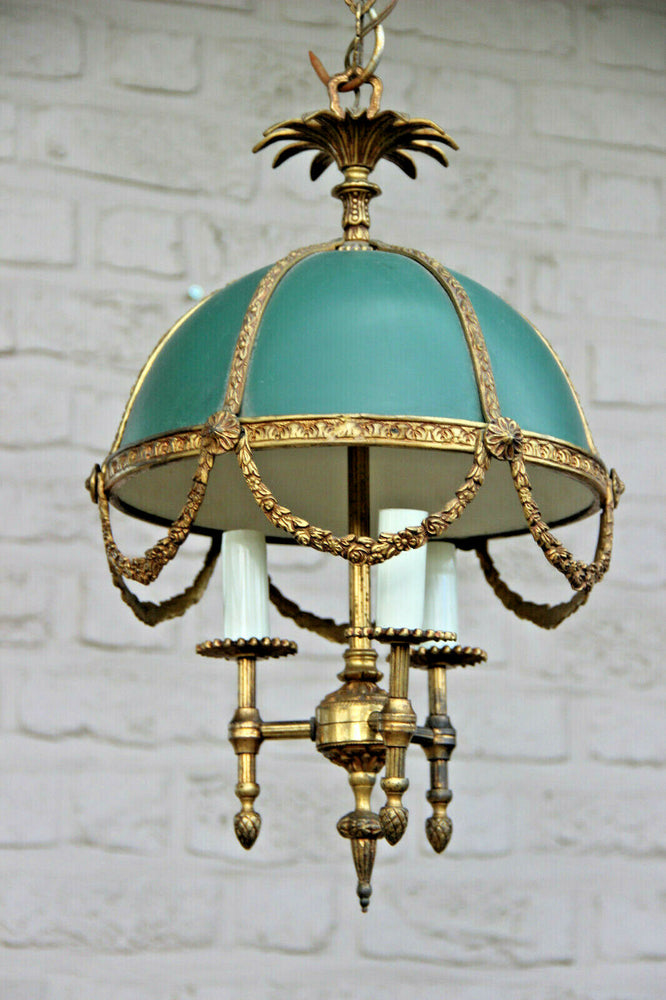 Vintage French bouillotte Empire design chandelier lamp pendant metal green 1970