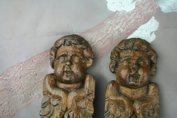 Antique 1880 PAIR German wood carved black forest panels plaques cabinet putti