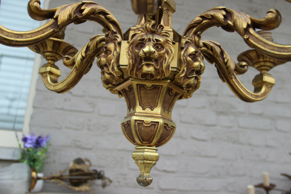 LARGE French antique MAZARIN bronze lions heads 6 arms chandelier