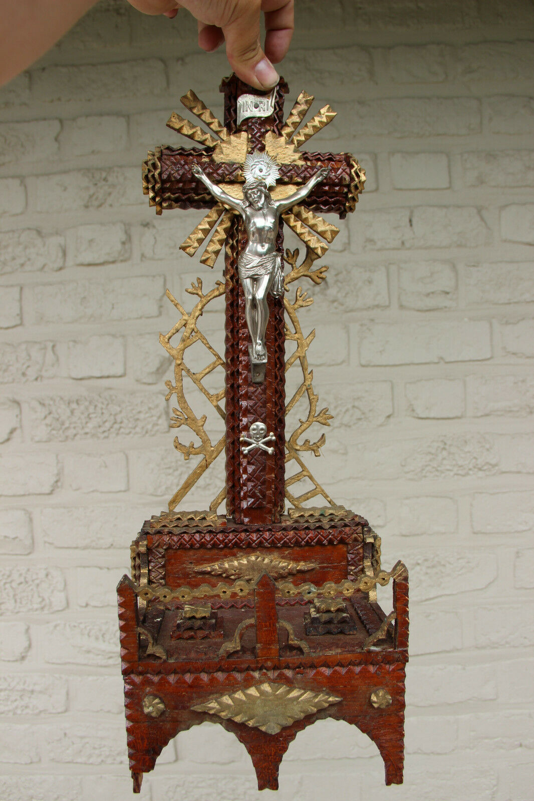 Antique French Tramp art wood carved Crucifix statue religious